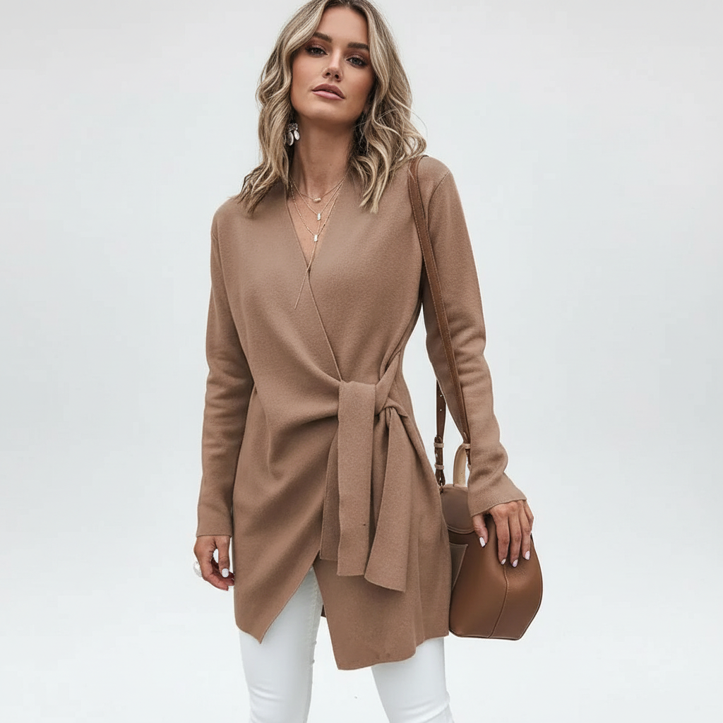 Stylish women's elegant knit cardigan with belt, offering a versatile and comfortable outerwear option.