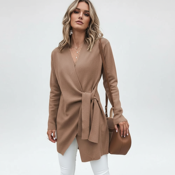 Stylish women's elegant knit cardigan with belt, offering a versatile and comfortable outerwear option.