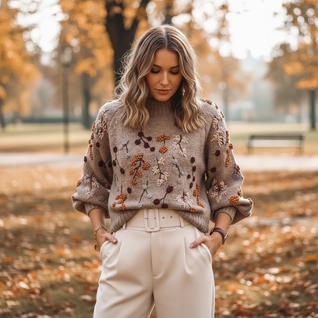 Elegant women's knitted long sleeve sweater for autumn, comfortable and stylish pullover.