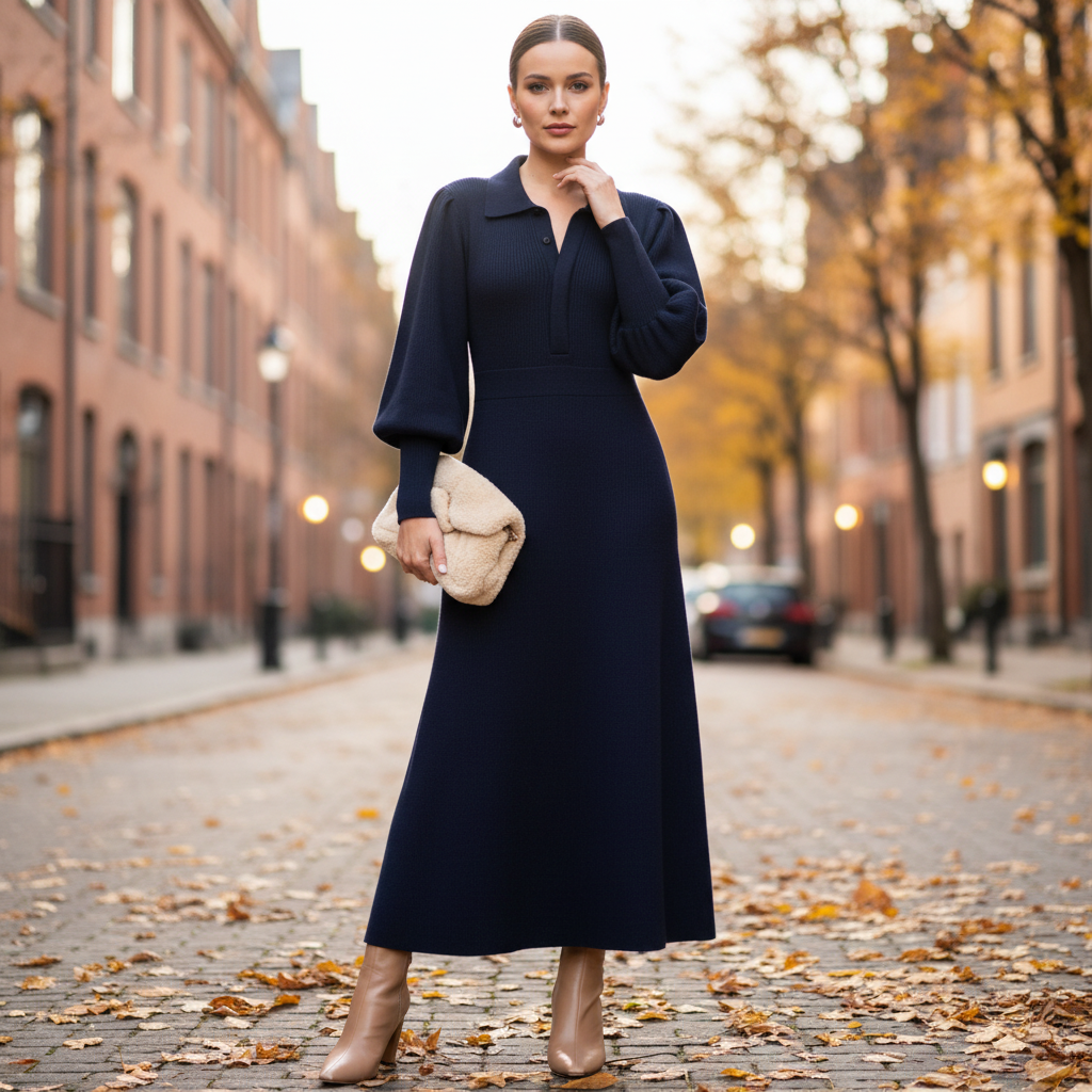 Elegant women's knitted midi dress with collar, perfect for autumn winter fashion