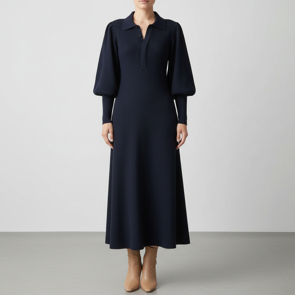 Comfortable warm knitted midi dress for women, black, with classic collar detail