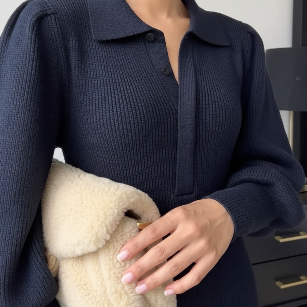 Flared black midi dress, knitted, with sophisticated collar, ideal for elegant winter looks