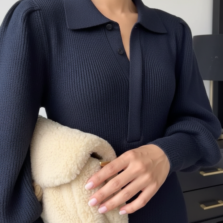 Flared black midi dress, knitted, with sophisticated collar, ideal for elegant winter looks