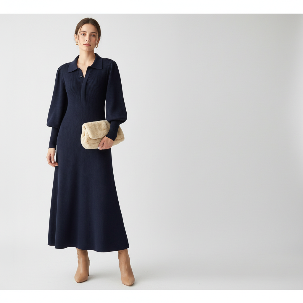 Women's midi collar dress, black knit, offering comfort and style for cold weather