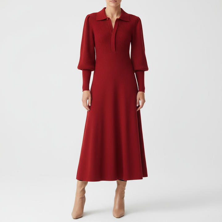Elegant black women's midi dress, knitted, with flattering flared skirt and collar