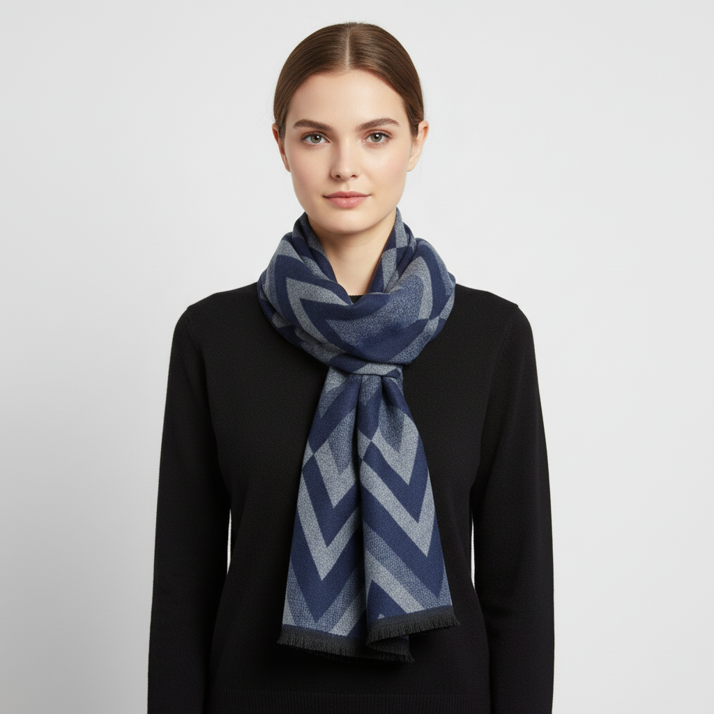 Women's cashmere silk knitted scarf draped artfully, showcasing its luxurious and elegant design.