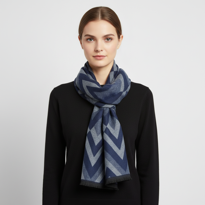 Women's cashmere silk knitted scarf draped artfully, showcasing its luxurious and elegant design.