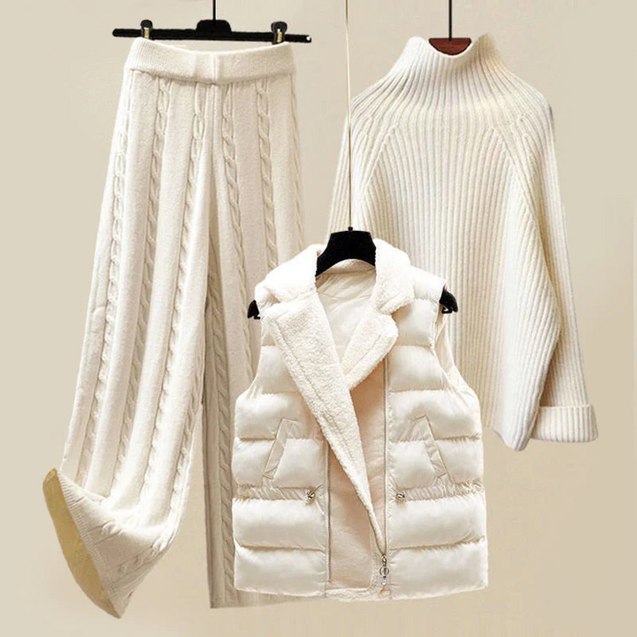 Elegant women's knitted sweater & vest set in a cozy, stylish design for winter fashion. Perfect chic lounge wear.