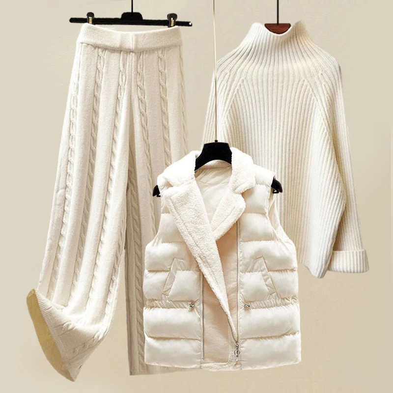 Stylish women's knitted sweater and vest set, a chic winter outfit for cold weather comfort & elegance.