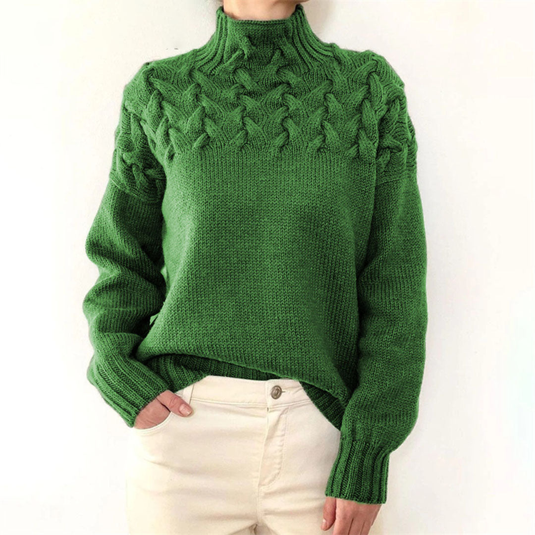 Warm, ribbed knitted turtleneck sweater for women. Cozy long sleeve top, perfect for cold weather elegance.