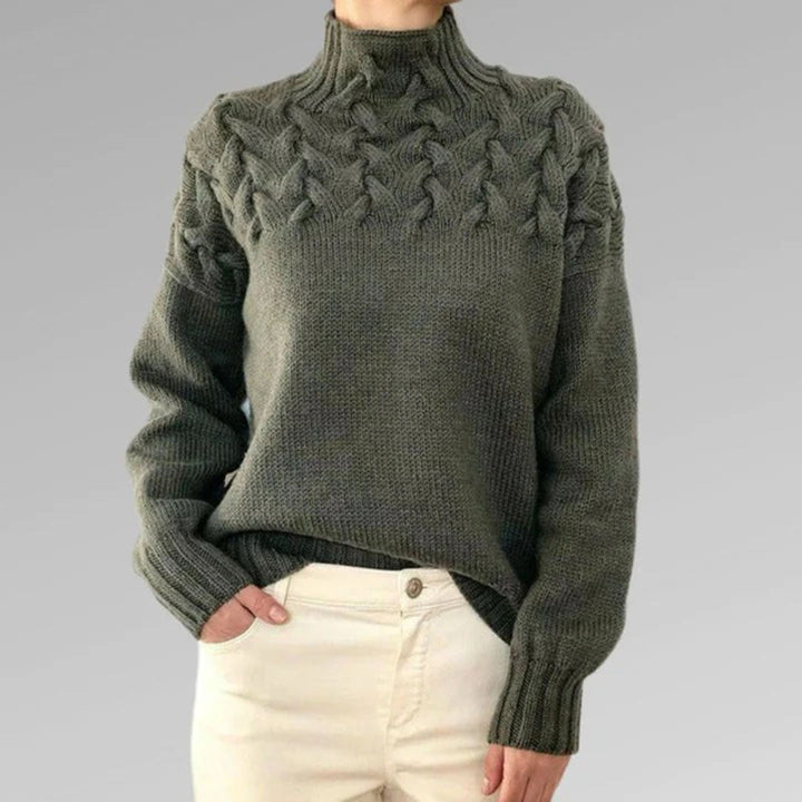 Detailed knit women's turtleneck sweater. Cozy & elegant long sleeve top for stylish winter outfits.
