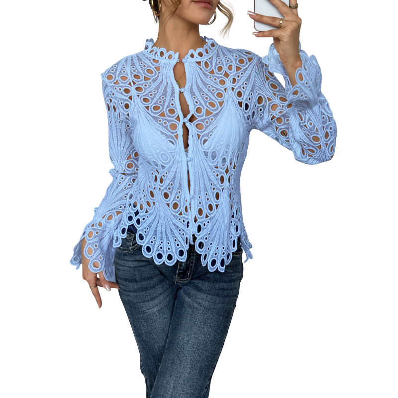 Stylish women's hollow-out lace blouse with intricate cutwork design. Elegant long sleeve top for spring wear.