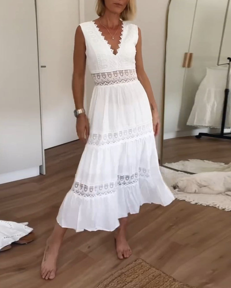 Elegant women's lace midi dress, sleeveless V-neck A-line style, perfect for summer special occasions.