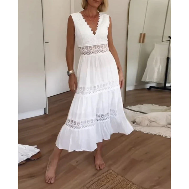Elegant women's sleeveless V-neck lace midi dress, A-line style, perfect for summer occasions on hanger.