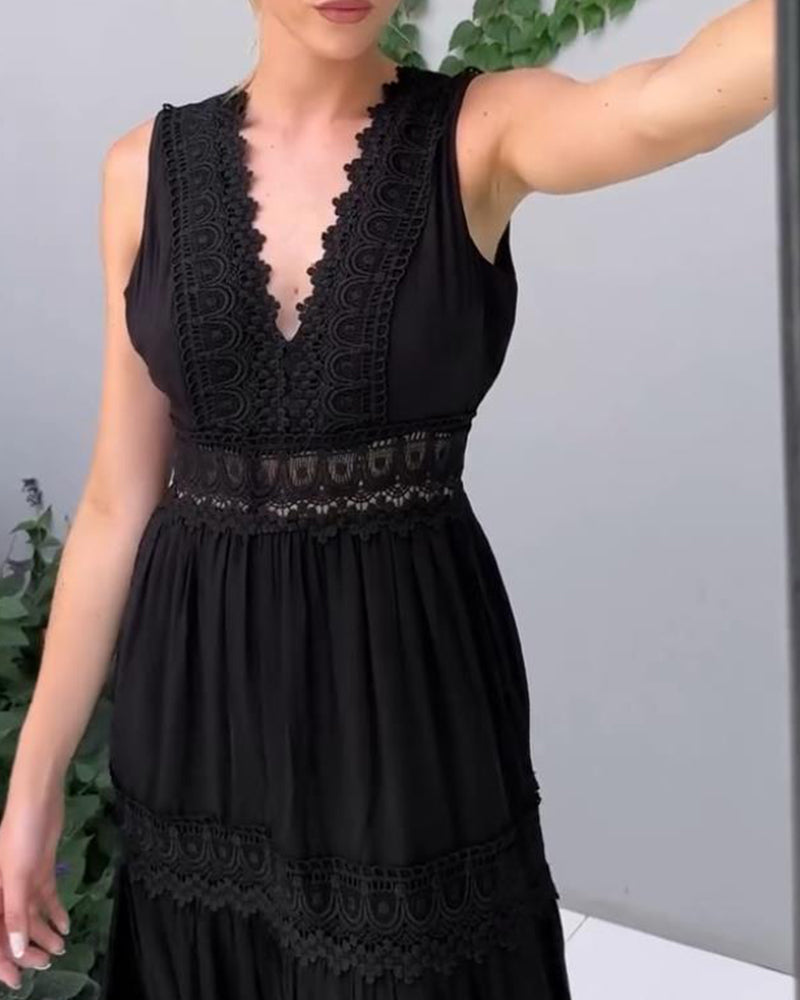Side view of elegant women's lace midi dress, A-line cut, ideal for summer casual chic events.