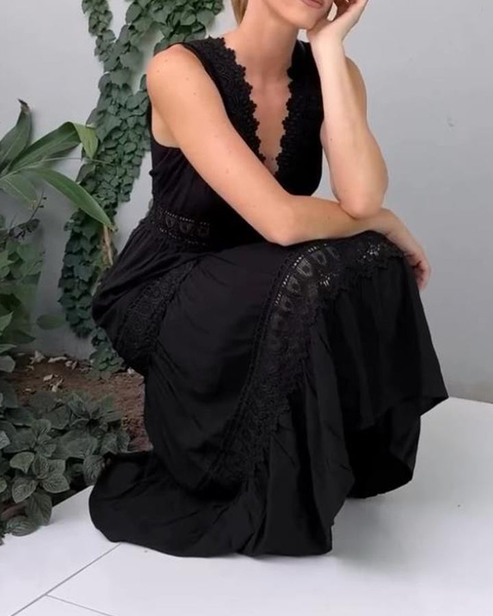 Beautiful women's elegant lace midi dress, sleeveless V-neck A-line, perfect for summer casual chic.