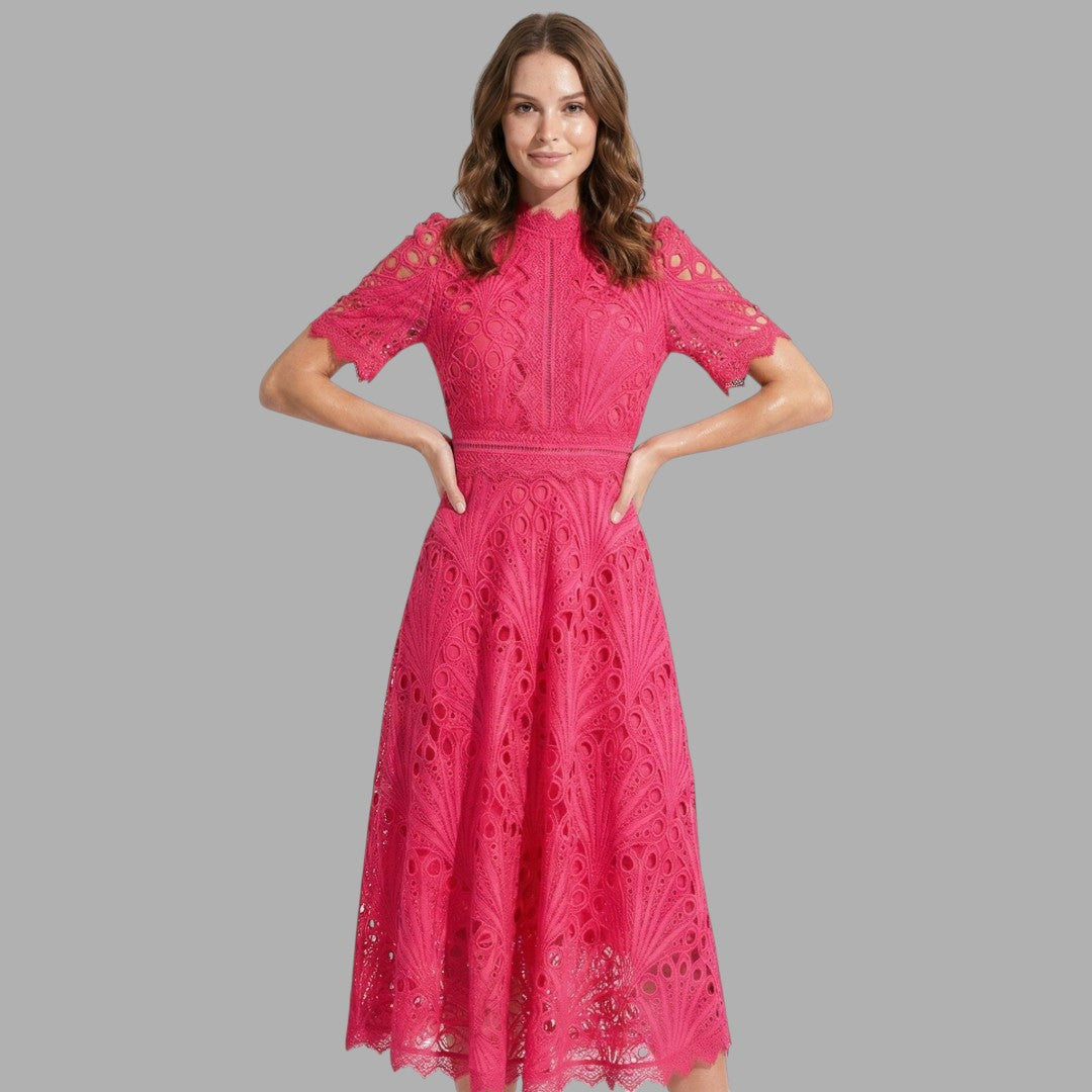 Elegant women's lace midi dress with short sleeves and high neckline, perfect for cocktail or party.