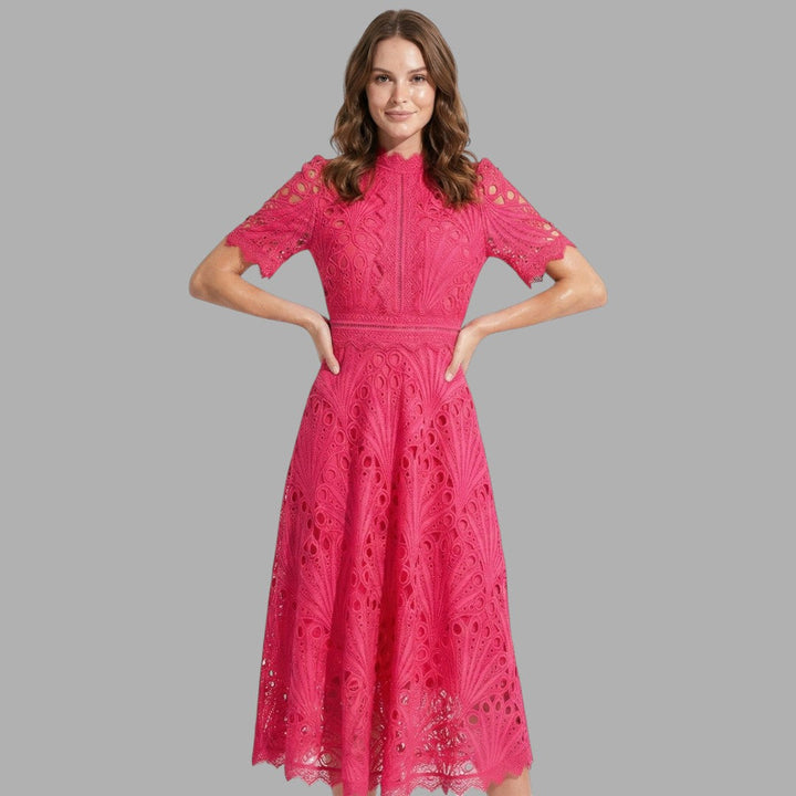 Elegant women's lace midi dress with short sleeves and high neckline, perfect for cocktail or party.