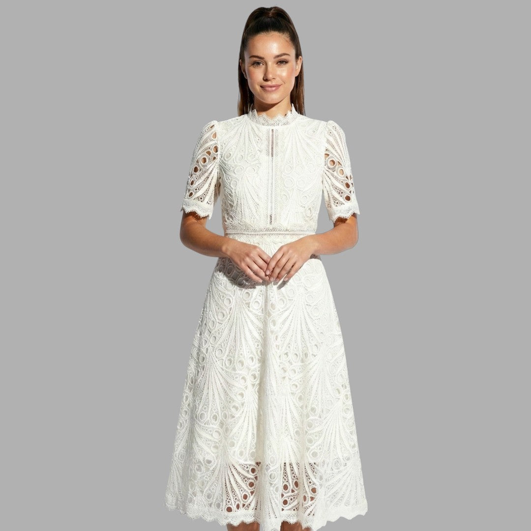 Sophisticated women's lace midi dress for formal events & special occasions, featuring high neckline & short sleeves.
