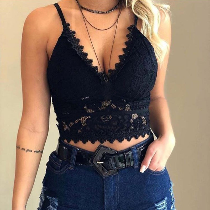 Elegant women's lace spaghetti strap top, perfect for evening wear or layering, showcasing delicate floral detail.