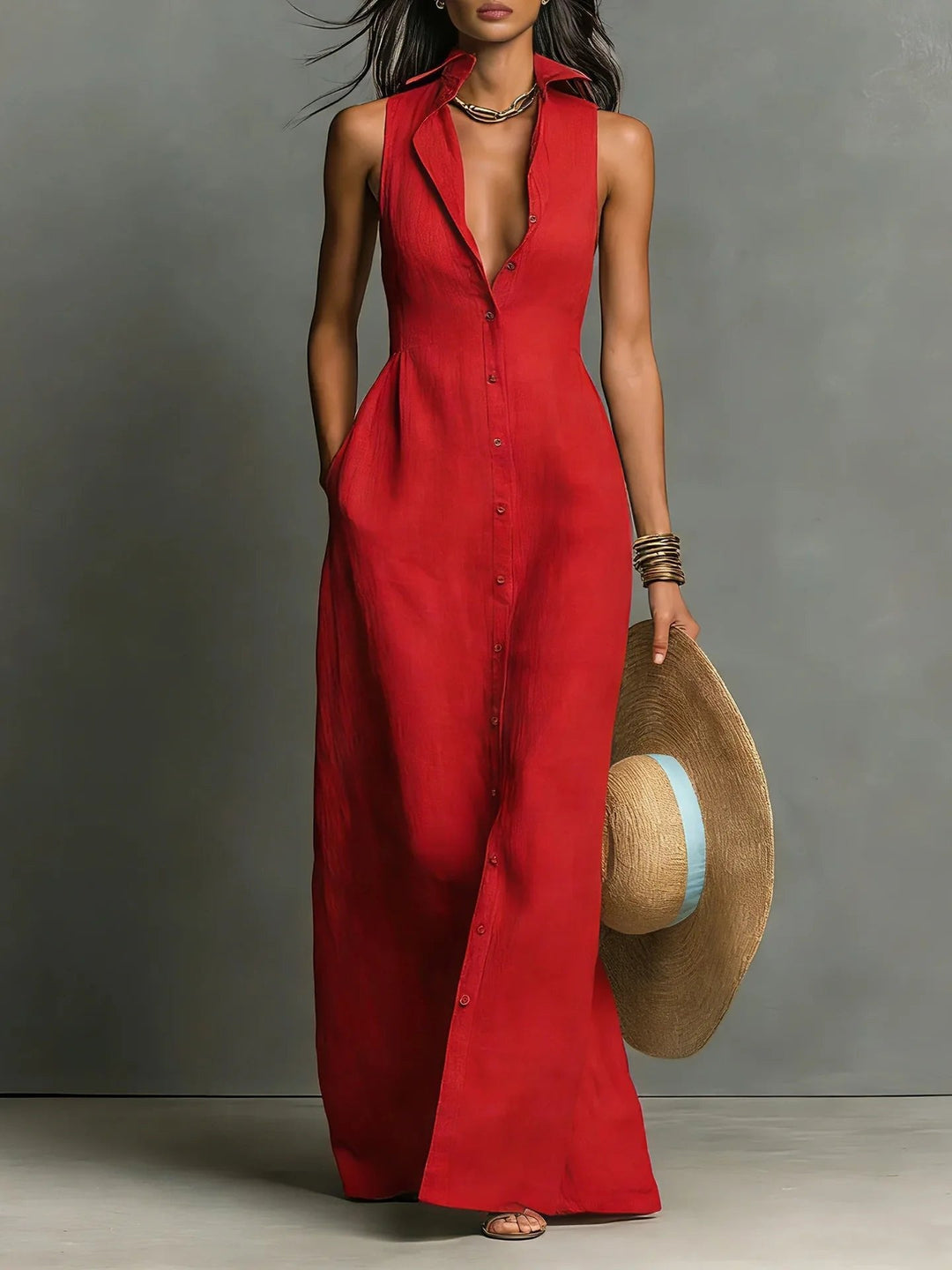 Elegant women's lapel button-front maxi shirt dress. Perfect for versatile day-to-night summer fashion.