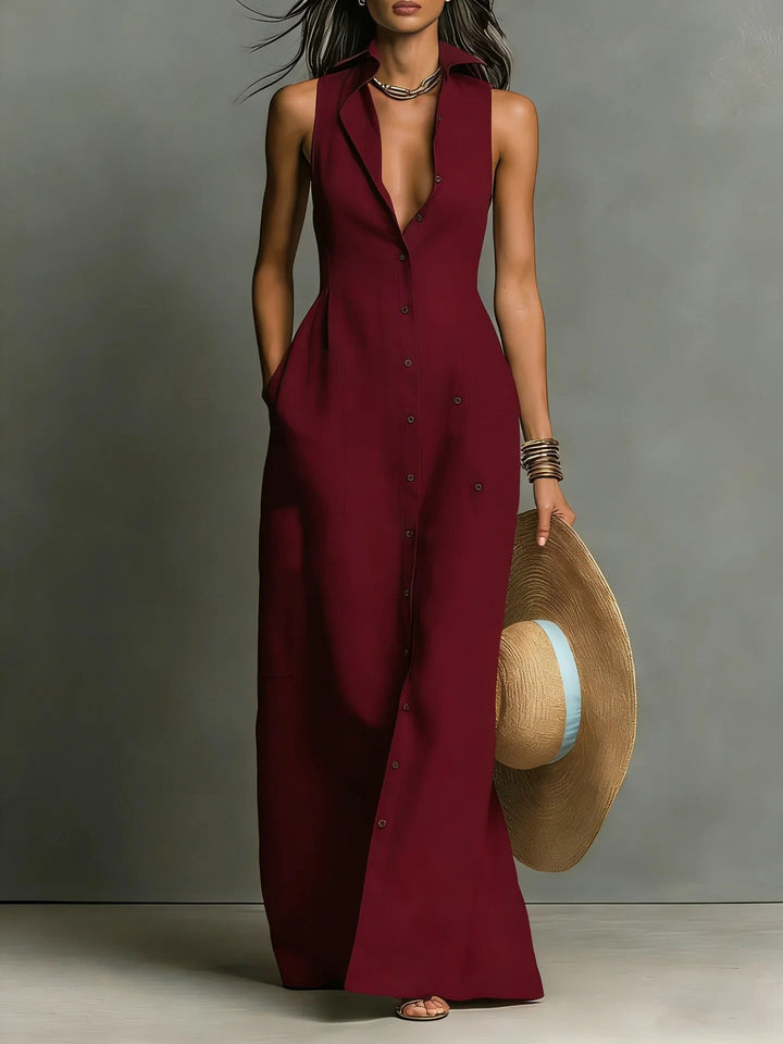 Casual chic women's button-front maxi shirt dress with lapel. Ideal for elegant summer day or night wear.