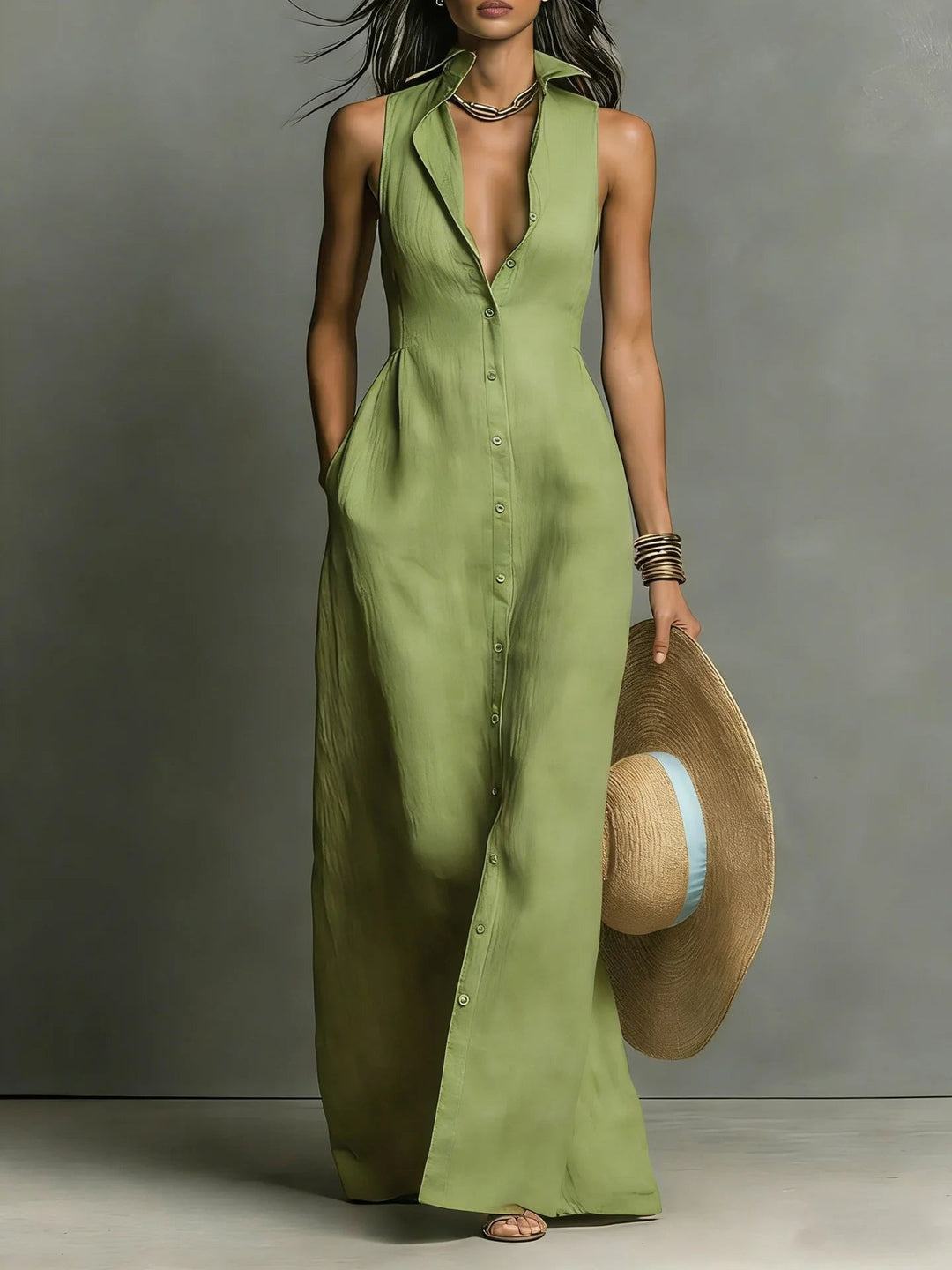 Stylish women's elegant button-front maxi shirt dress with lapel. Versatile and chic for summer day or night.