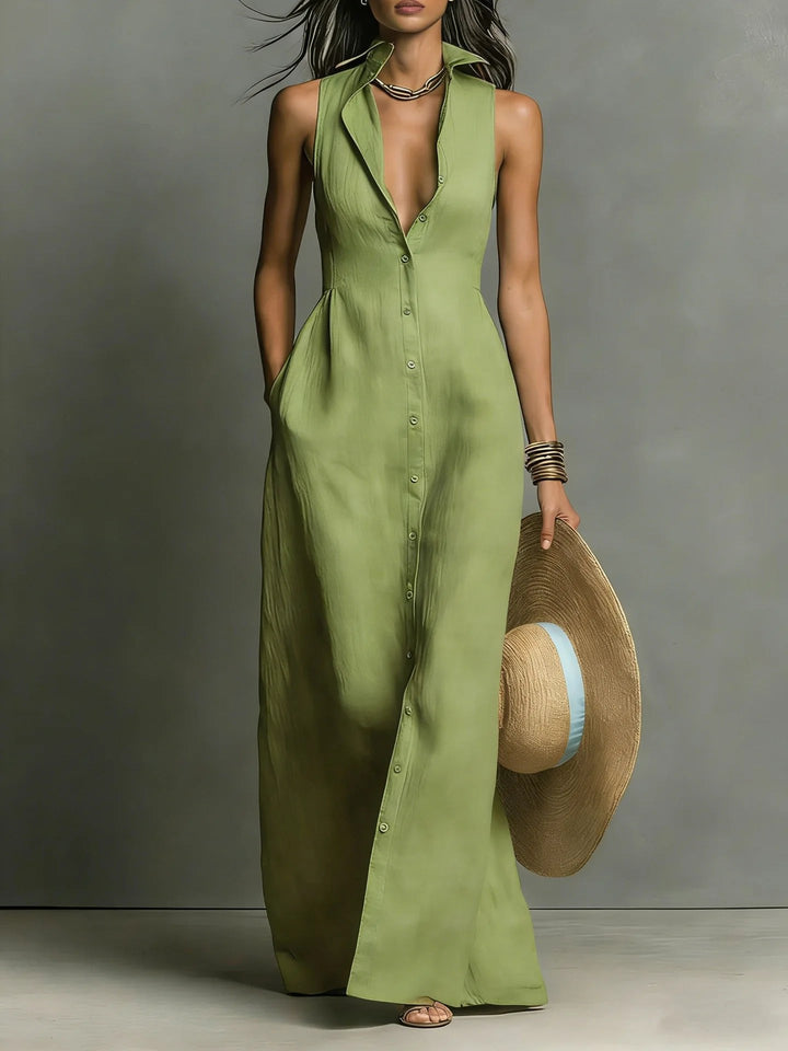 Stylish women's elegant button-front maxi shirt dress with lapel. Versatile and chic for summer day or night.