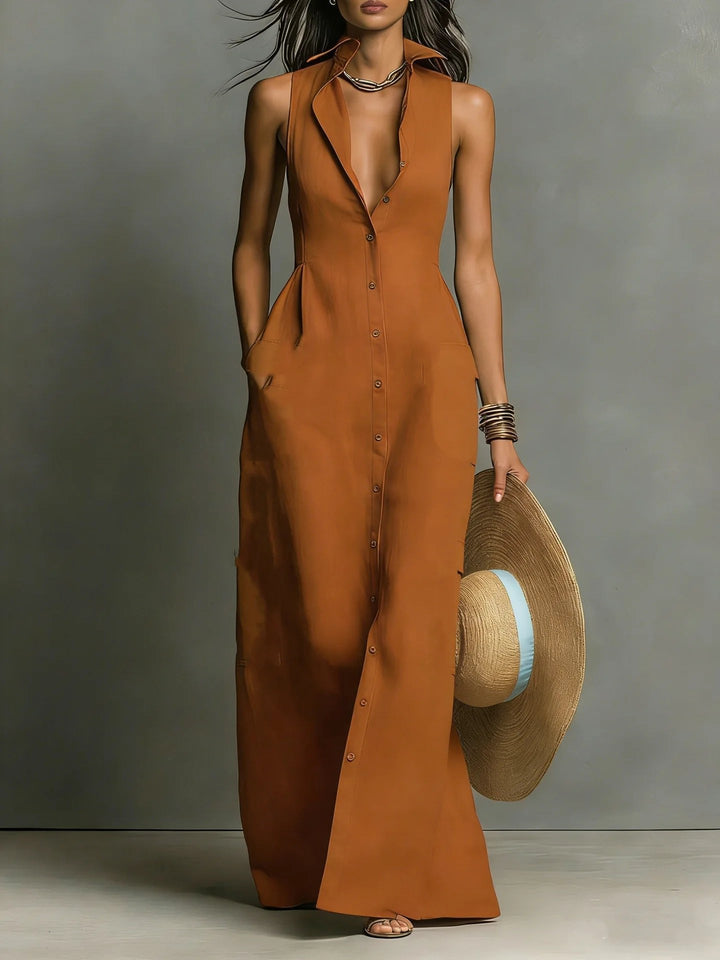 Full-length view of a women's elegant lapel button-front maxi shirt dress. Versatile for day-to-night summer wear.