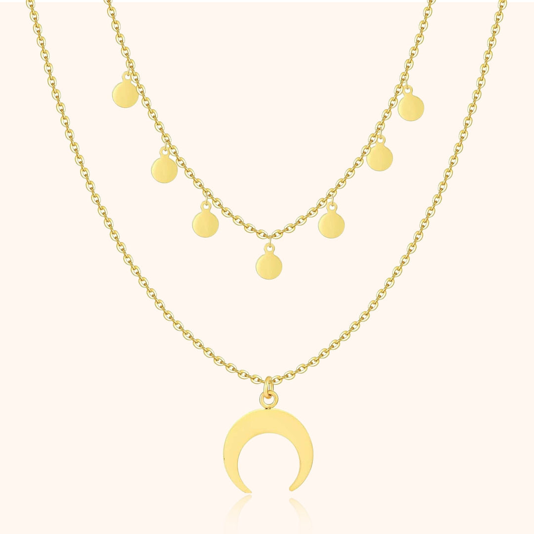 Women's elegant layered crescent moon necklace, gold-plated sterling silver. Delicate and stylish moon jewelry.