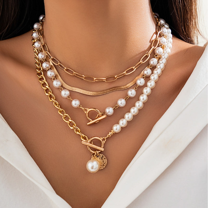 Elegant women's layered pearl necklace with multiple strands, perfect as a fashion accessory or statement jewelry.