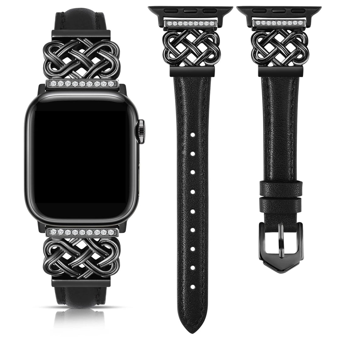 Elegant women's leather smartwatch band with sparkling rhinestones and a dainty interlock knot design.