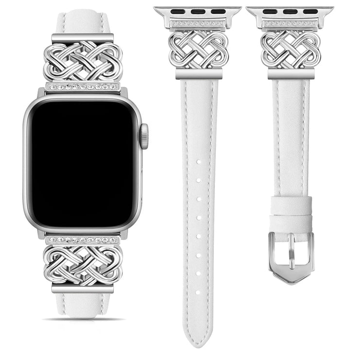 Fashionable women's rhinestone leather watch strap, a chic smartwatch accessory with an interlock knot.