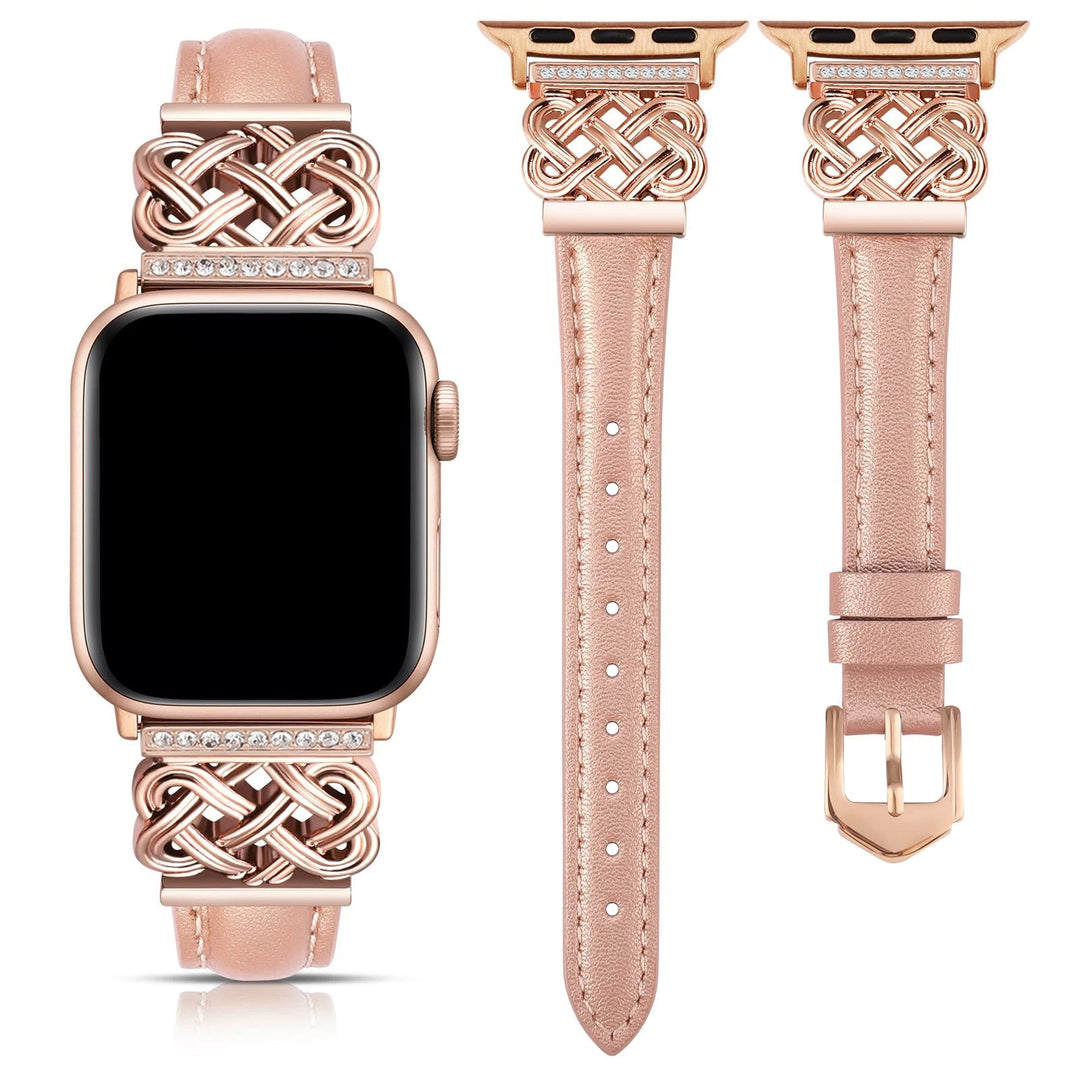 Dainty women's leather smartwatch band featuring shimmering rhinestones and an elegant interlock knot.