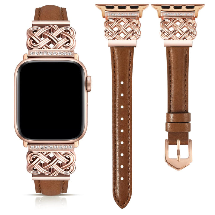 Stylish women's smartwatch accessory: a leather strap adorned with rhinestones and a unique interlock knot.