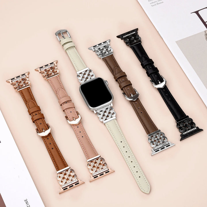 Women's glamorous leather watch band for smartwatches, embellished with rhinestones and an interlock knot.