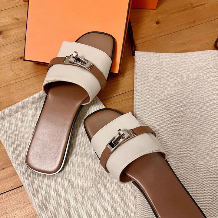 Stylish women's square-toe leather slip-on slides, ideal summer shoes. Comfortable & elegant casual footwear.