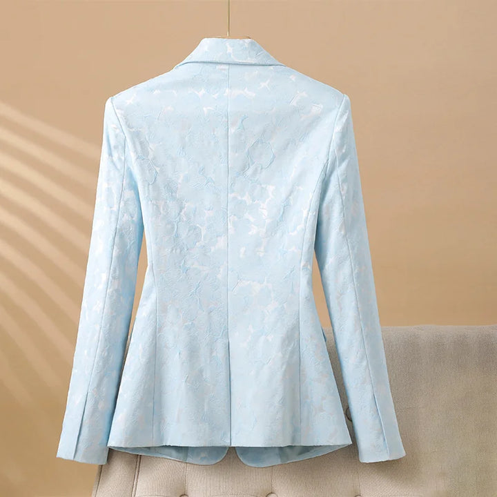 Sophisticated women's floral textured blazer, a versatile tailored jacket for elegant workwear or chic evening outfits.