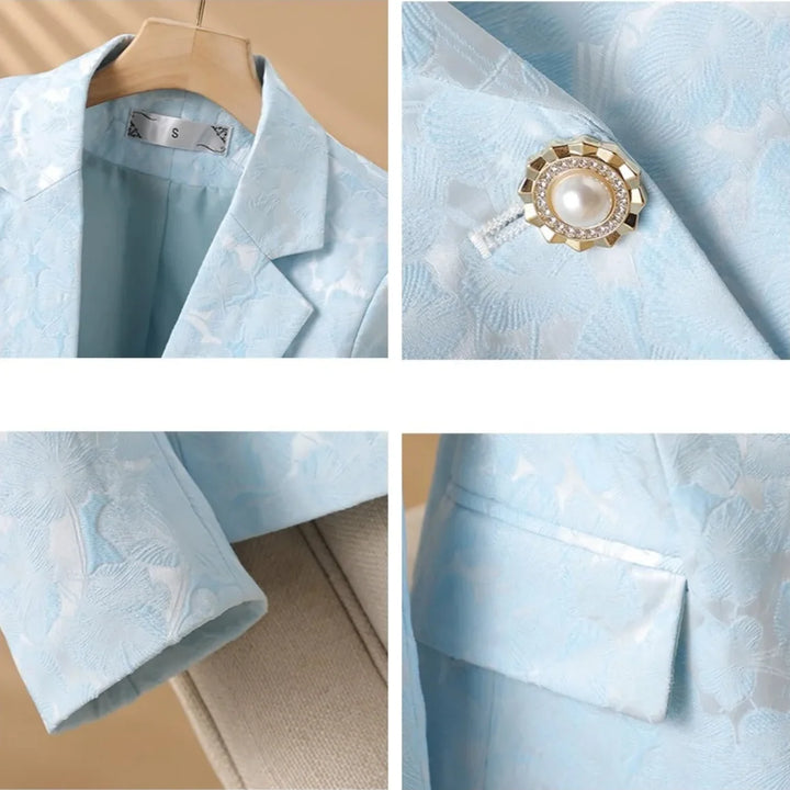 Stylish women's blazer featuring unique floral texture, a chic single-button tailored jacket for office or occasions.