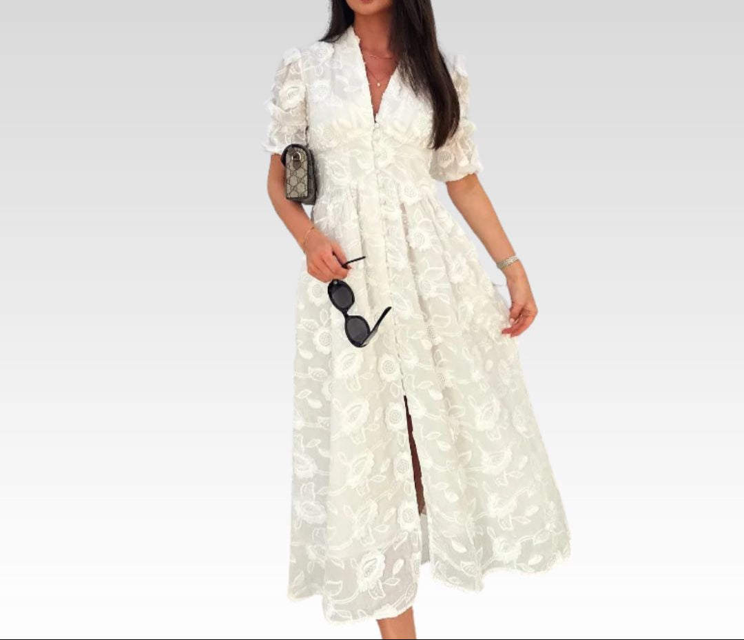 Elegant Women's lightweight white A-line sundress, perfect for summer, beach, or casual vacation wear.
