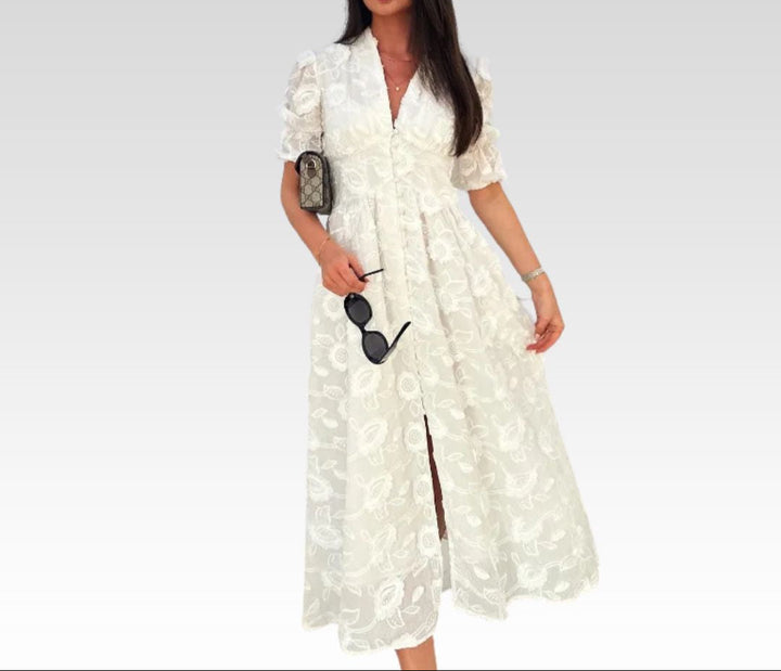 Elegant Women's lightweight white A-line sundress, perfect for summer, beach, or casual vacation wear.