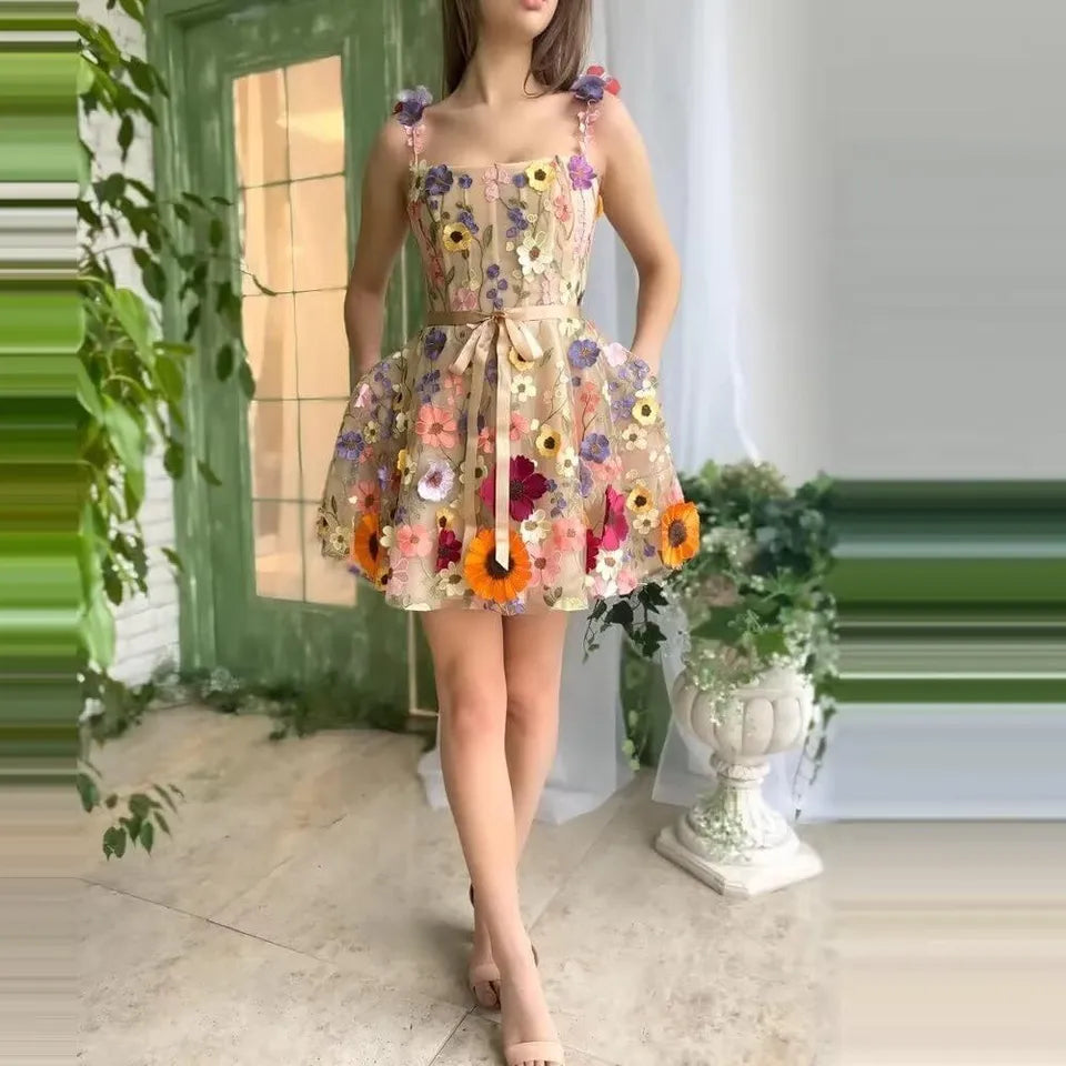 Elegant women's lilac strap dress with intricate floral embroidery, perfect for summer parties & special occasions.