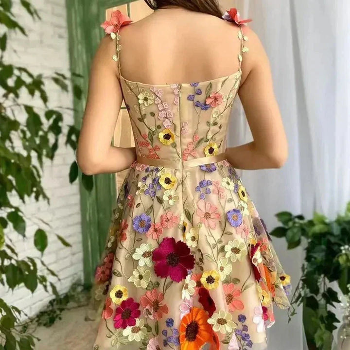 Women's elegant lilac summer strap dress featuring delicate floral embroidery. Perfect for special events.