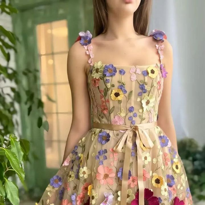 Stylish women's lilac floral embroidered strap dress. A beautiful choice for summer events & elegant gatherings.