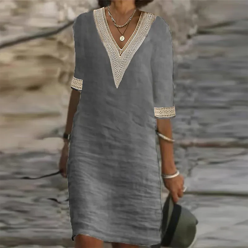 Stylish women's linen summer dress; elegant midi length, comfortable fit, ideal for casual outings & vacation.