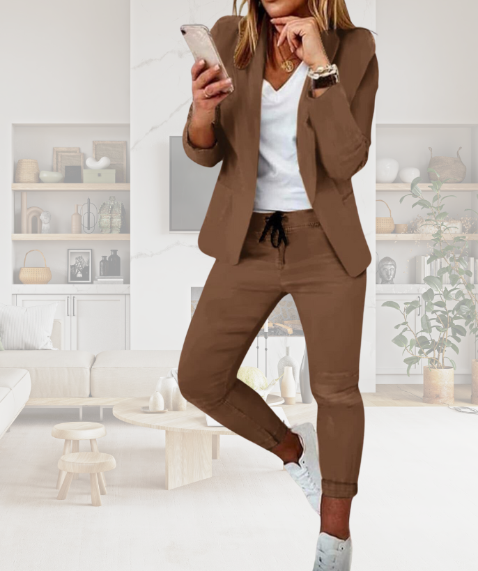 Sophisticated women's Livia two-piece trouser suit set, including a chic blazer & elegant pants for any occasion.