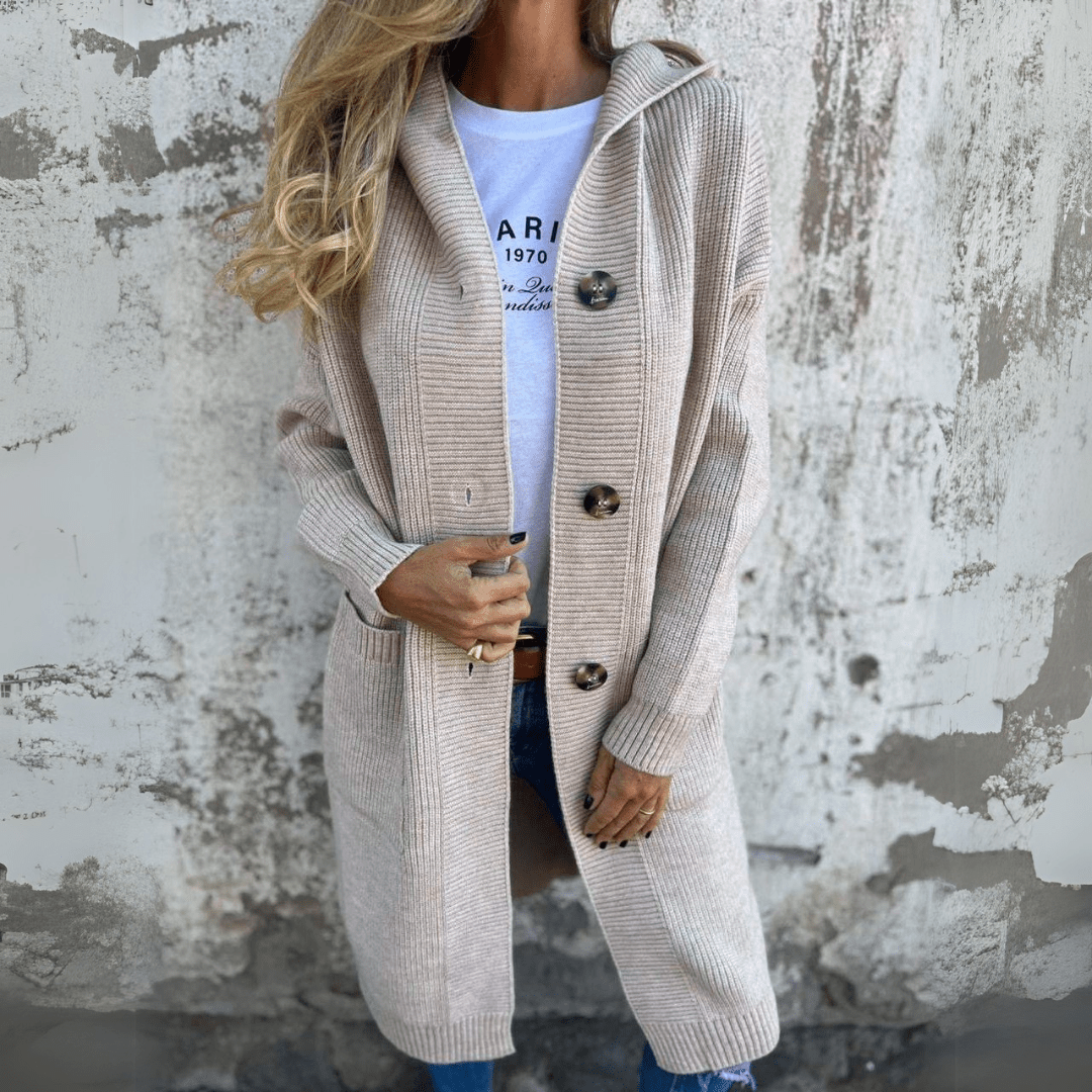 Cozy knit women's long cardigan, ideal for versatile layering. Elegant fall fashion open-front sweater & outerwear.
