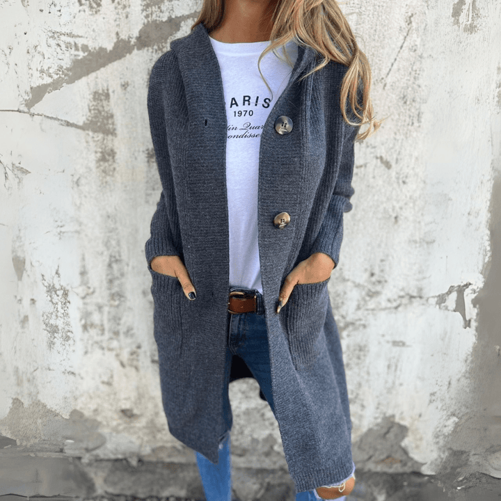 Chic women's long cardigan styled for a versatile autumn look. Elegant open-front sweater, perfect for layering.