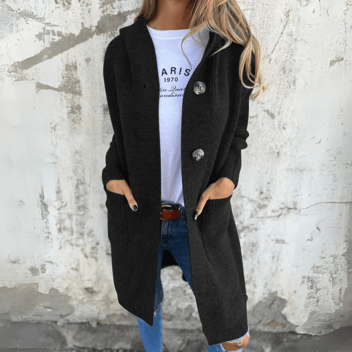 Modern women's elegant long cardigan, a chic addition to any wardrobe. Versatile open-front sweater for all seasons.