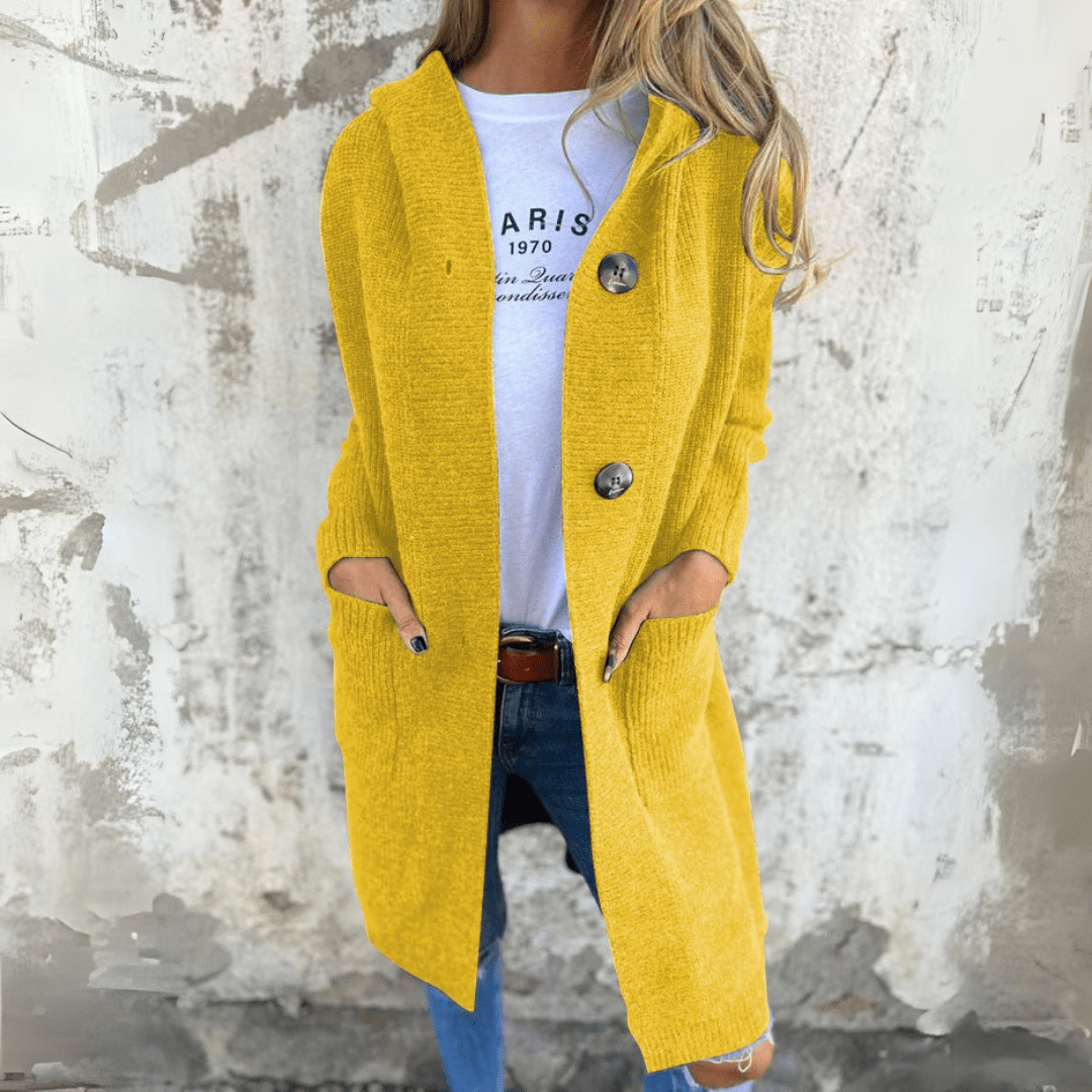 Warm women's long cardigan, perfect for cozy winter wear. Elegant, chic, and versatile open-front sweater for layering.